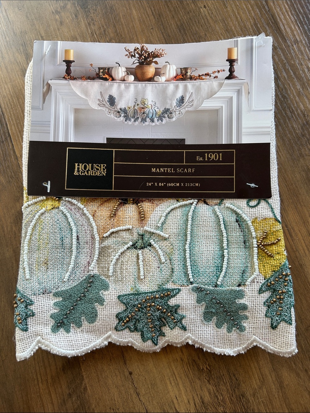 House & Garden Teal and Cream Pumpkin Embroidered Mantel Scarf 24” x 84”
